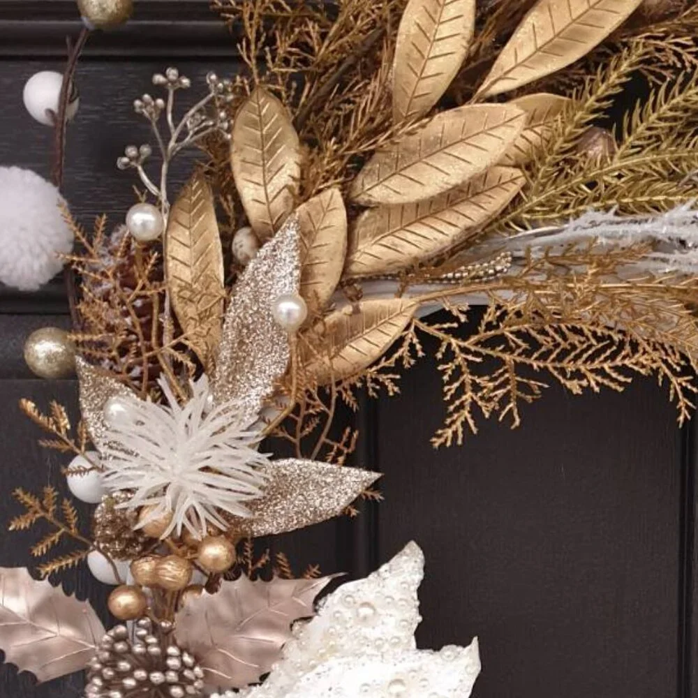 Christmas Holiday Handmade Gold White Wreath Home Office Decor Door Wall Hanger